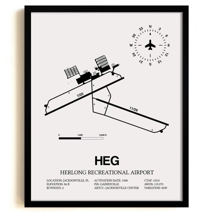 Framed Detailed Airport Map of Herlong Recreational Airport (HEG) in White with a Black Frame