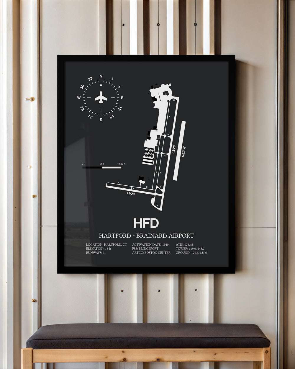 Framed Detailed Airport Map of Hartford - Brainard Airport (HFD) in Gray with a Black Frame