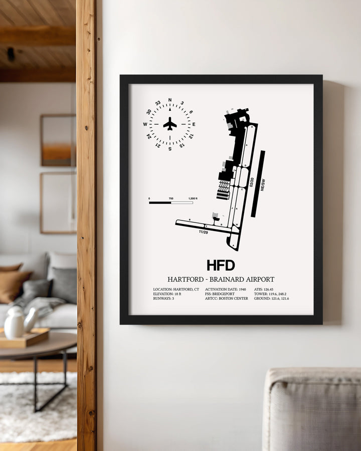 Framed Detailed Airport Map of Hartford - Brainard Airport (HFD) in White with a Black Frame