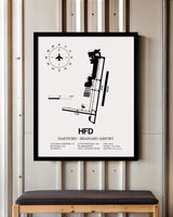Framed Detailed Airport Map of Hartford - Brainard Airport (HFD) in White with a Black Frame
