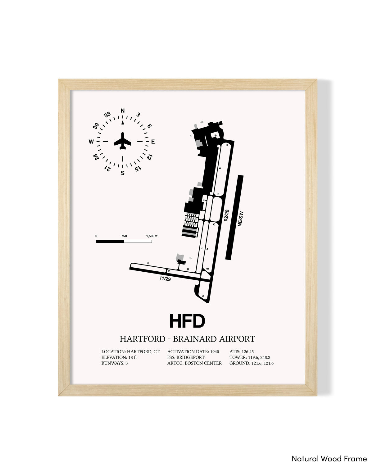 Detailed Airport Map of Hartford - Brainard Airport (HFD) in White with a Natural Frame