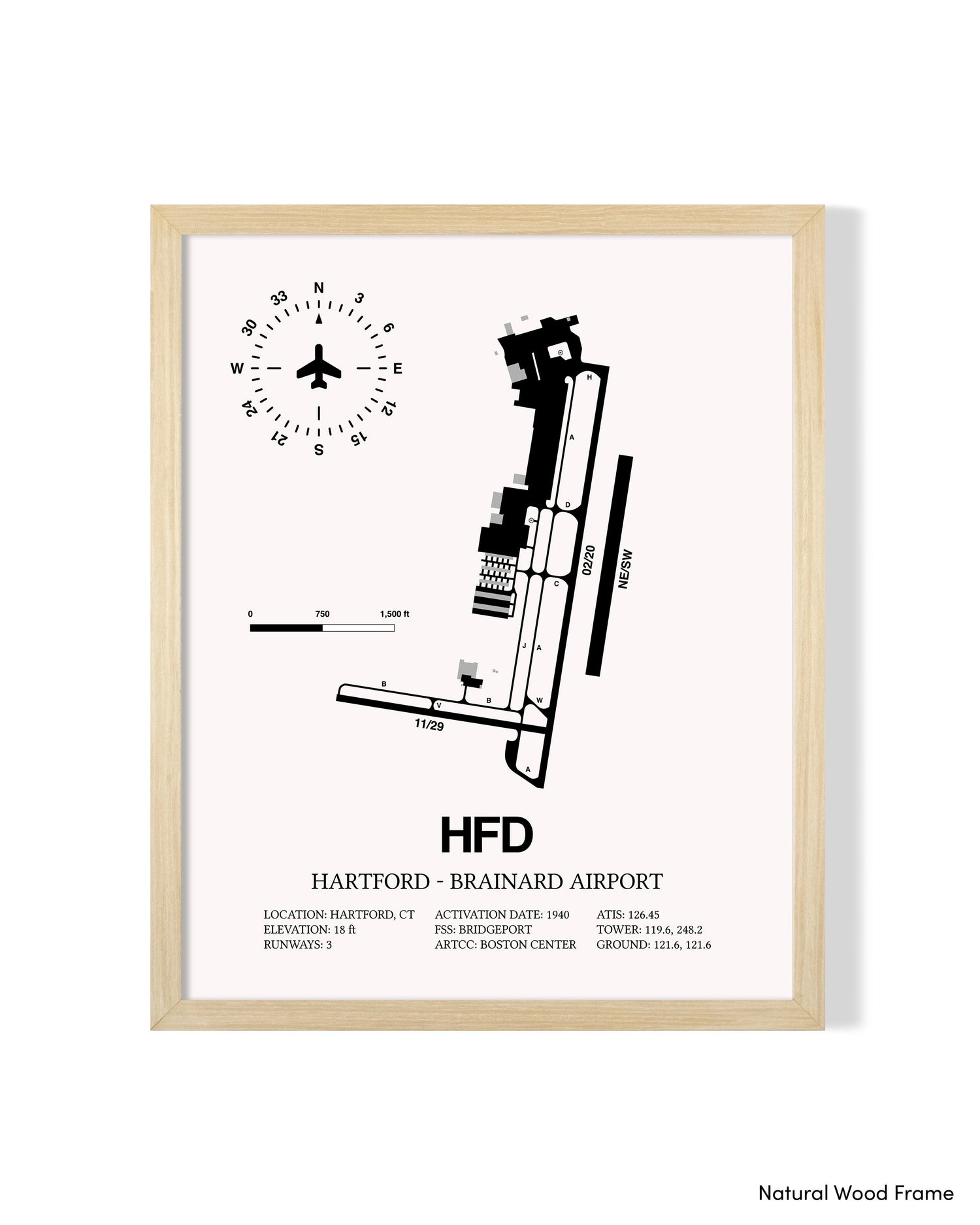 Detailed Airport Map of Hartford - Brainard Airport (HFD) in White with a Natural Frame
