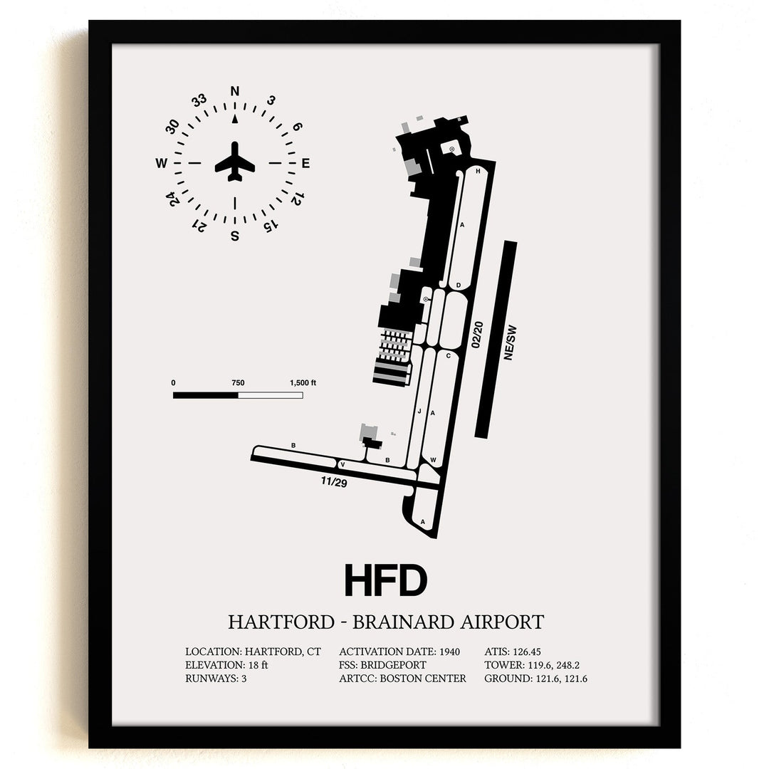 Framed Detailed Airport Map of Hartford - Brainard Airport (HFD) in White with a Black Frame