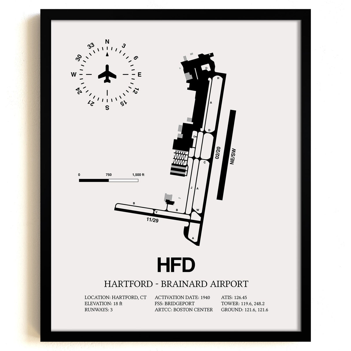 Framed Detailed Airport Map of Hartford - Brainard Airport (HFD) in White with a Black Frame