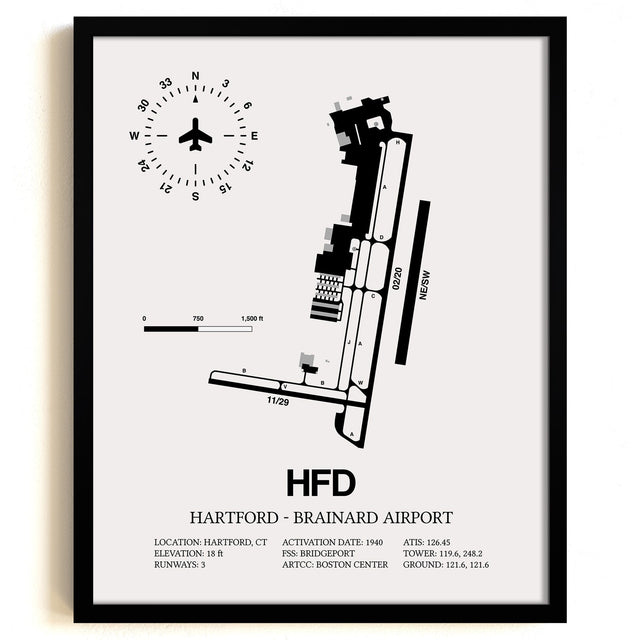 Framed Detailed Airport Map of Hartford - Brainard Airport (HFD) in White with a Black Frame