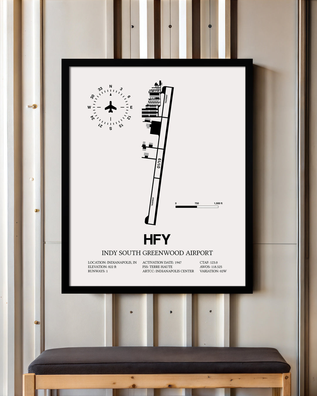 Framed Detailed Airport Map of Indy South Greenwood Airport (HFY) in White with a Black Frame