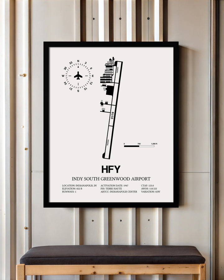 Framed Detailed Airport Map of Indy South Greenwood Airport (HFY) in White with a Black Frame