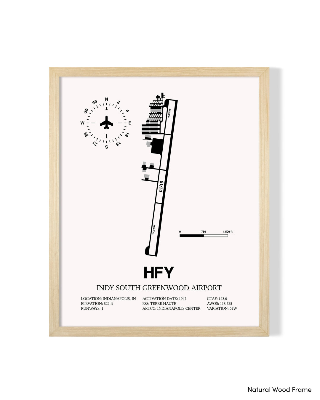 Detailed Airport Map of Indy South Greenwood Airport (HFY) in White with a Natural Frame