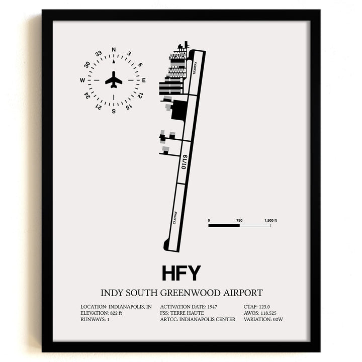 Framed Detailed Airport Map of Indy South Greenwood Airport (HFY) in White with a Black Frame