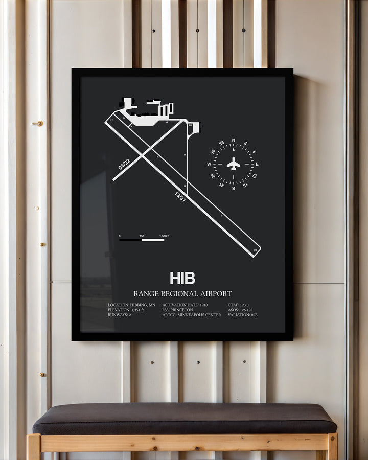 Framed Detailed Airport Map of Range Regional Airport (HIB) in Gray with a Black Frame