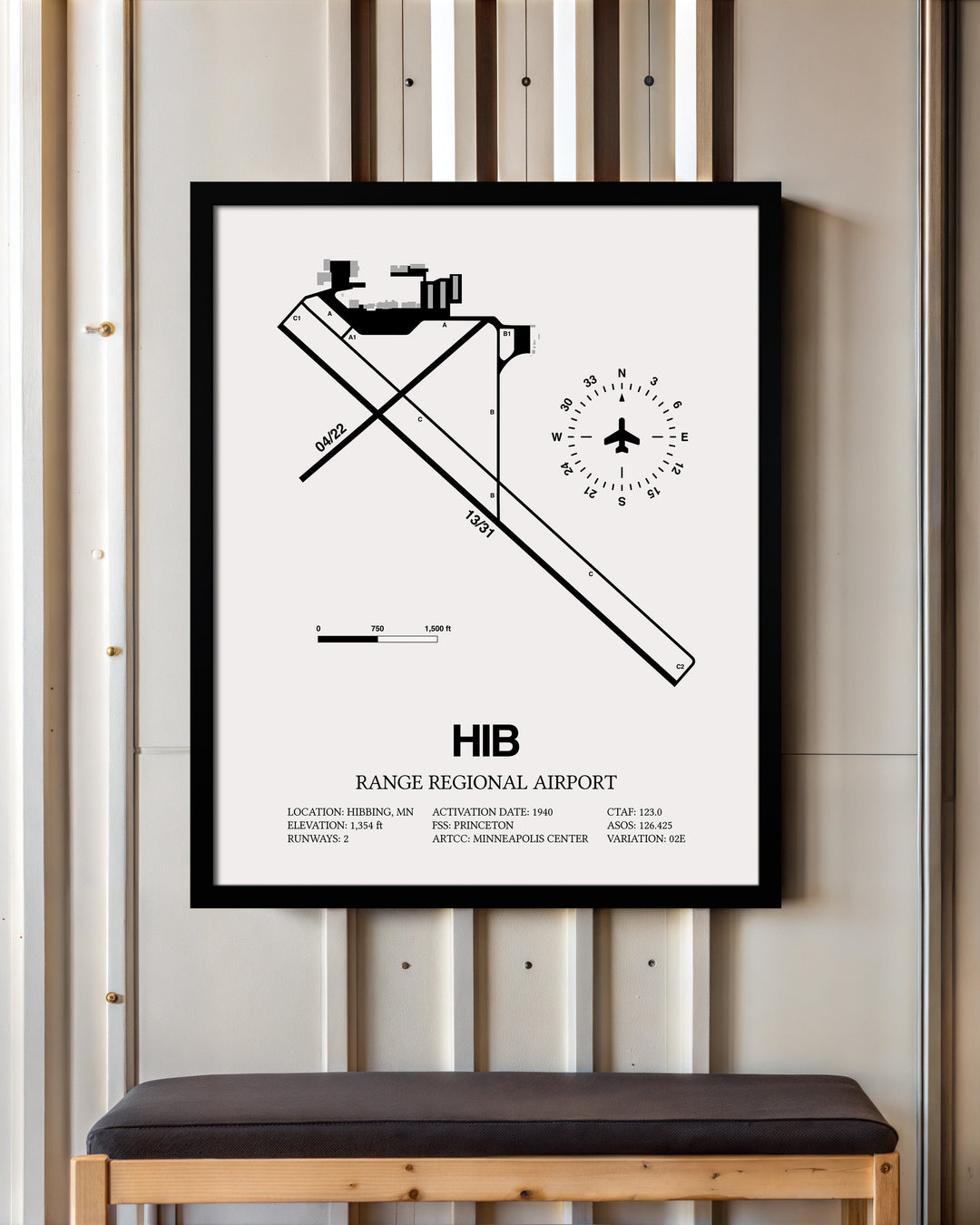 Framed Detailed Airport Map of Range Regional Airport (HIB) in White with a Black Frame