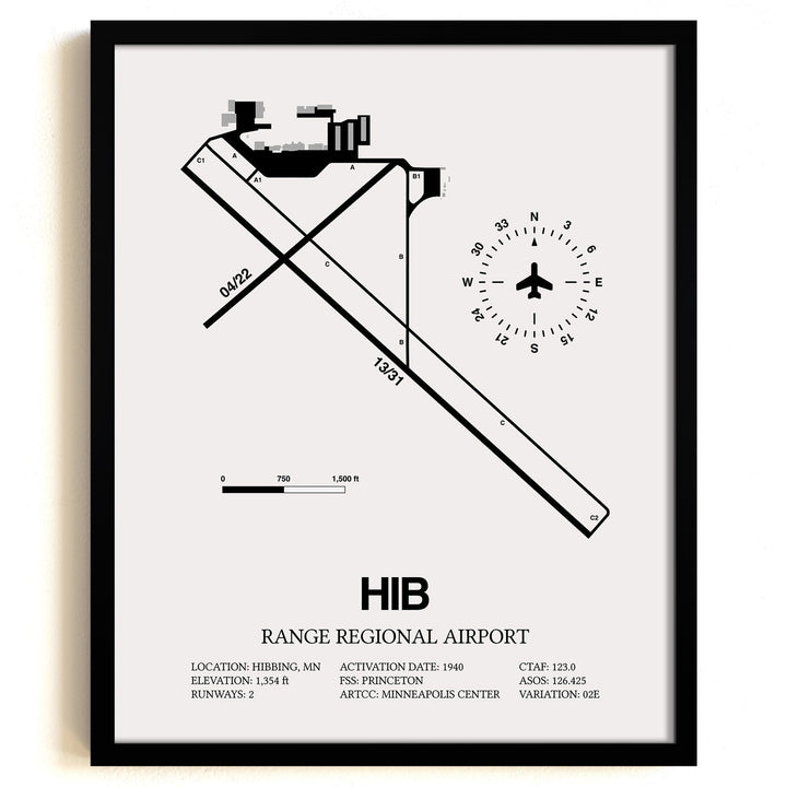Framed Detailed Airport Map of Range Regional Airport (HIB) in White with a Black Frame