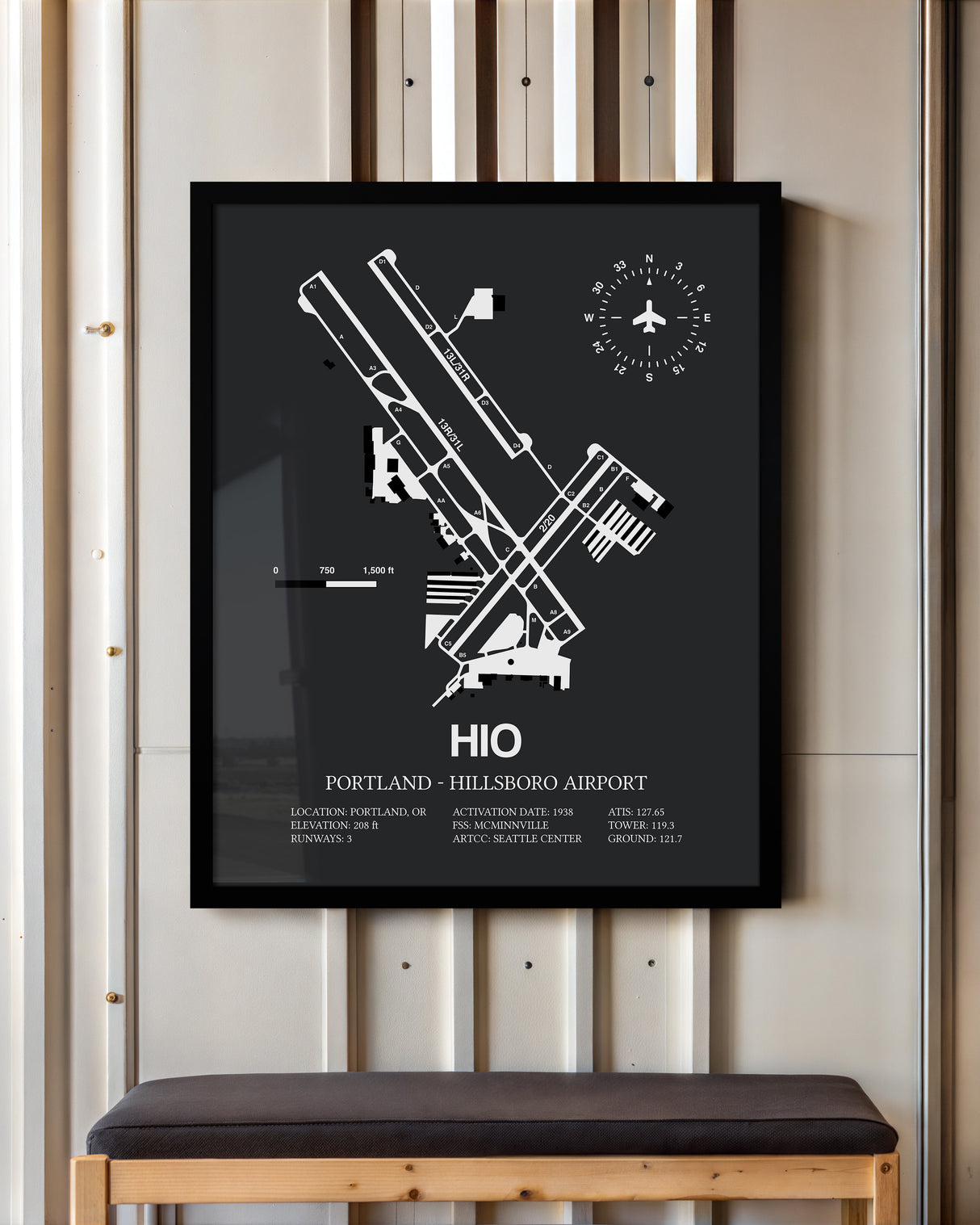 Framed Detailed Airport Map of Portland - Hillsboro Airport (HIO) in Gray with a Black Frame