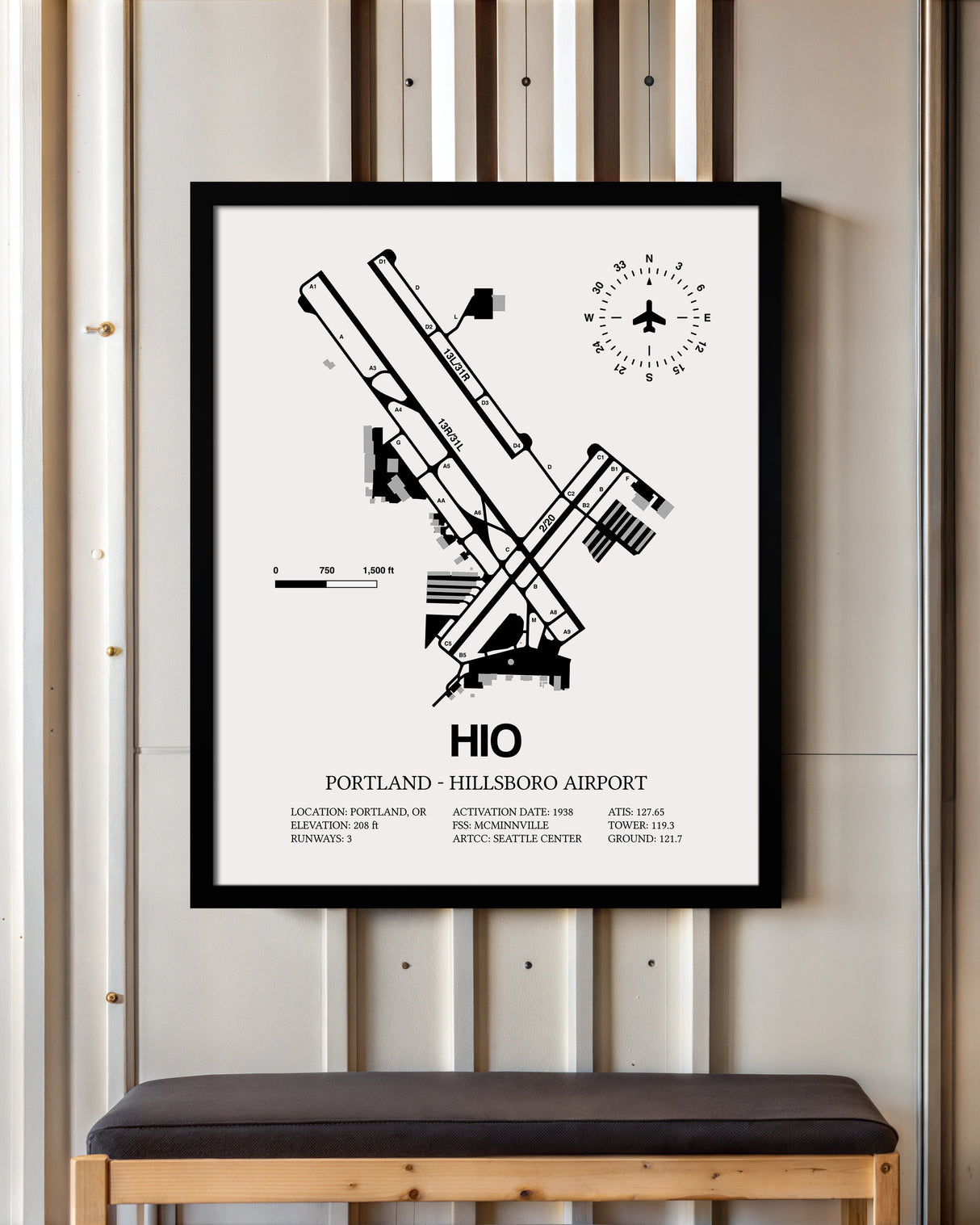 Framed Detailed Airport Map of Portland - Hillsboro Airport (HIO) in White with a Black Frame