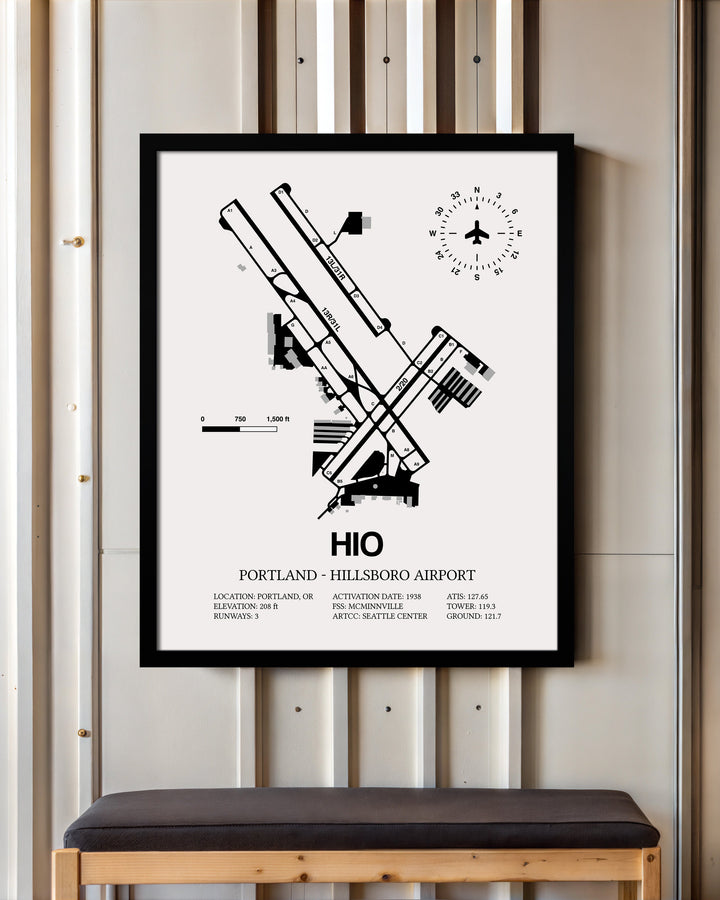 Framed Detailed Airport Map of Portland - Hillsboro Airport (HIO) in White with a Black Frame