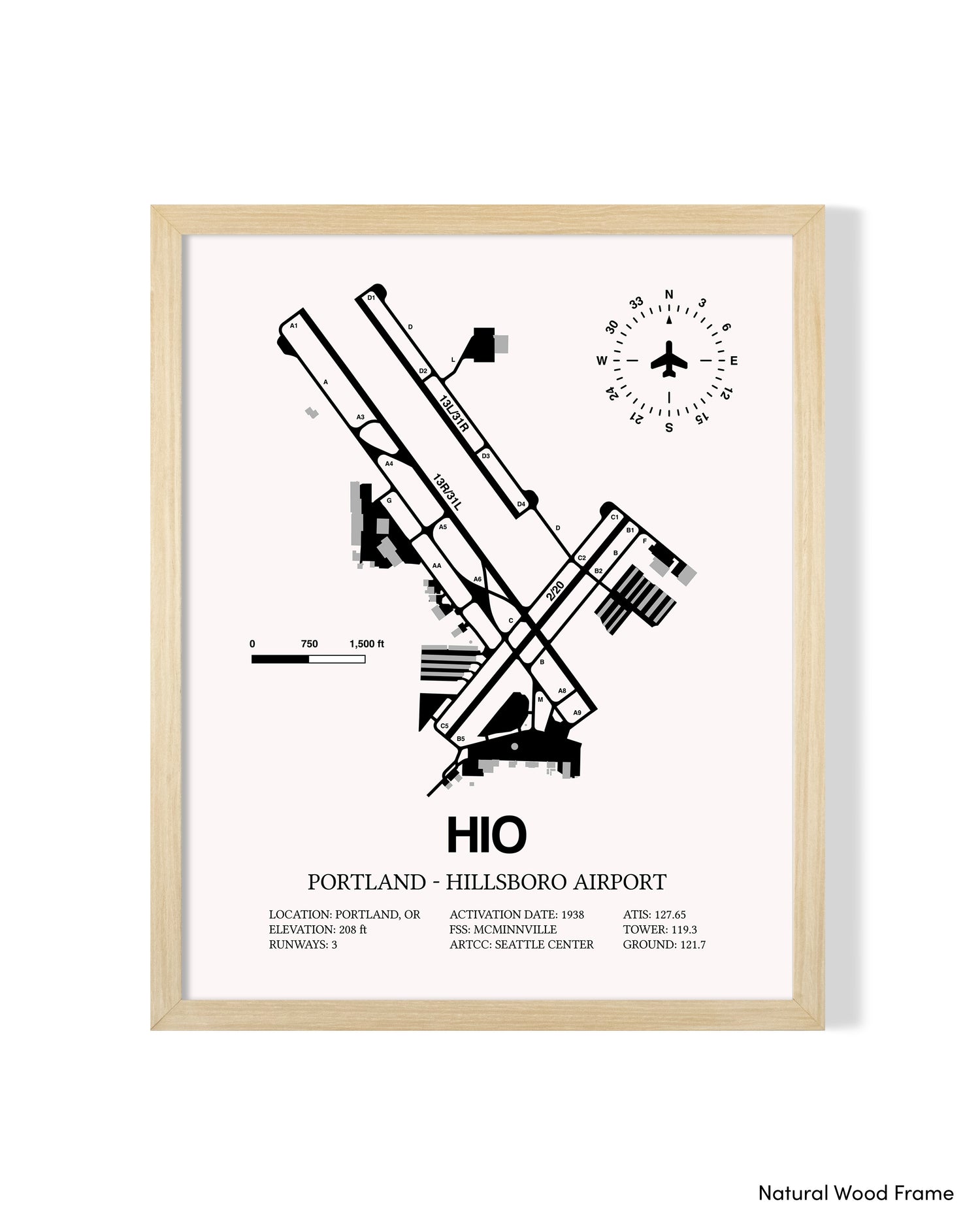 Detailed Airport Map of Portland - Hillsboro Airport (HIO) in White with a Natural Frame
