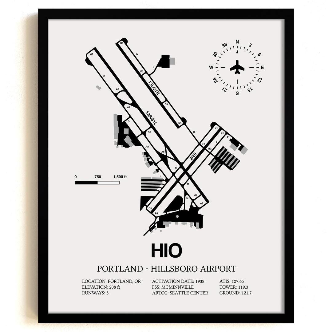 Framed Detailed Airport Map of Portland - Hillsboro Airport (HIO) in White with a Black Frame