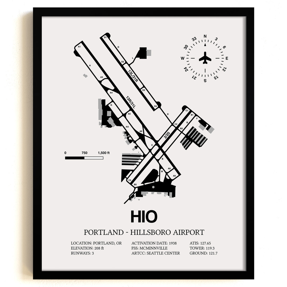 Framed Detailed Airport Map of Portland - Hillsboro Airport (HIO) in White with a Black Frame