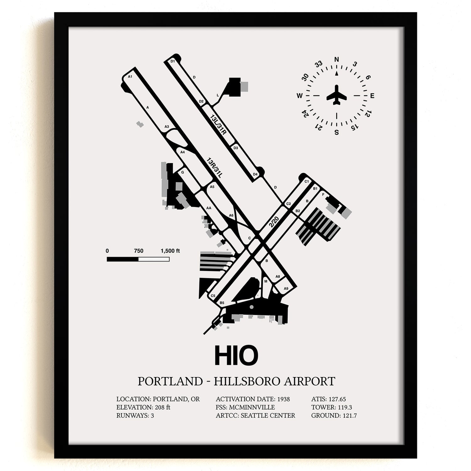 Framed Detailed Airport Map of Portland - Hillsboro Airport (HIO) in White with a Black Frame