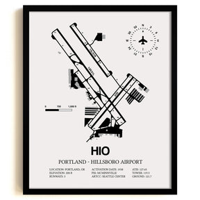 Framed Detailed Airport Map of Portland - Hillsboro Airport (HIO) in White with a Black Frame