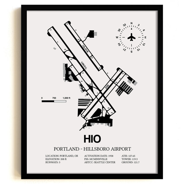 Framed Detailed Airport Map of Portland - Hillsboro Airport (HIO) in White with a Black Frame