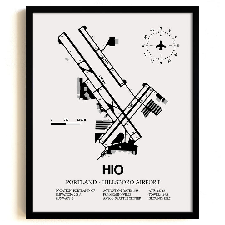 Framed Detailed Airport Map of Portland - Hillsboro Airport (HIO) in White with a Black Frame