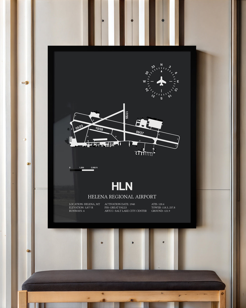 Framed Detailed Airport Map of Helena Regional Airport (HLN) in Gray with a Black Frame