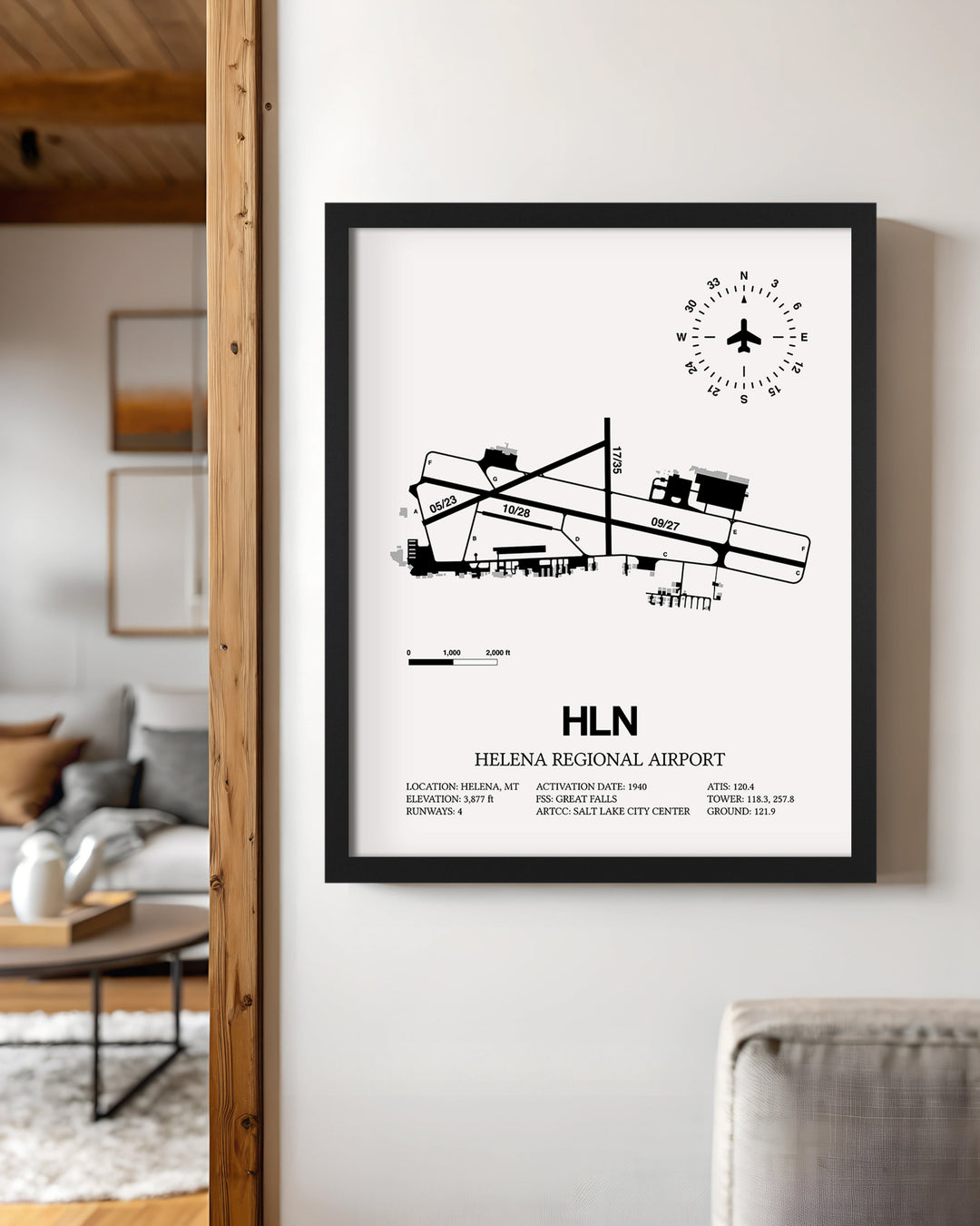 Framed Detailed Airport Map of Helena Regional Airport (HLN) in White with a Black Frame