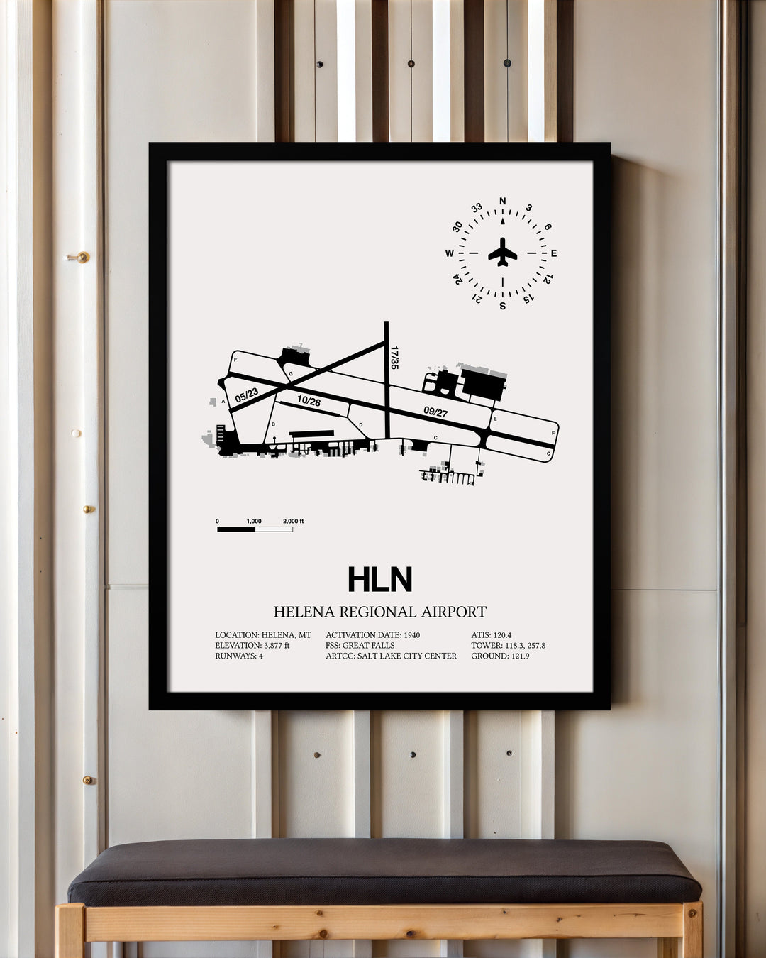 Framed Detailed Airport Map of Helena Regional Airport (HLN) in White with a Black Frame