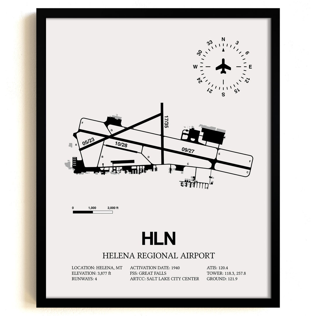 Framed Detailed Airport Map of Helena Regional Airport (HLN) in White with a Black Frame