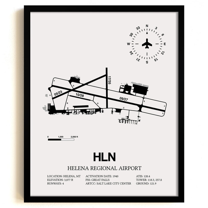 Framed Detailed Airport Map of Helena Regional Airport (HLN) in White with a Black Frame