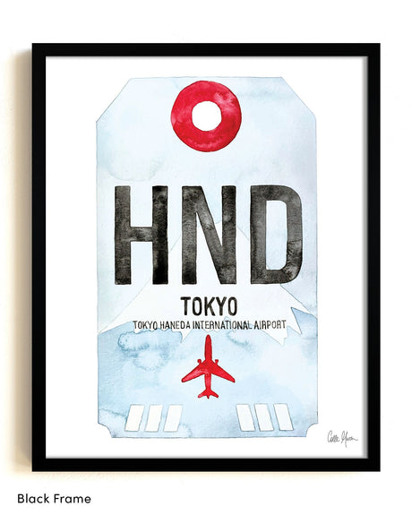 Framed Watercolor Print of Toyko Haneda International Airport (HND) with a Black Frame