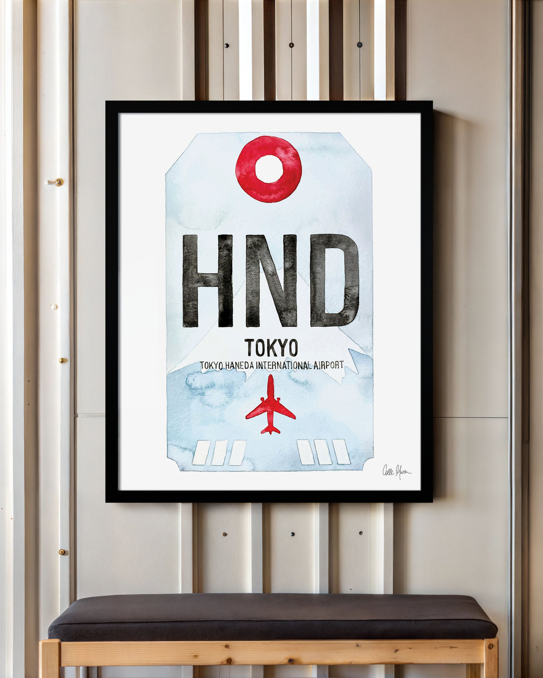 Framed Watercolor Print of Toyko Haneda International Airport (HND) with a Black Frame