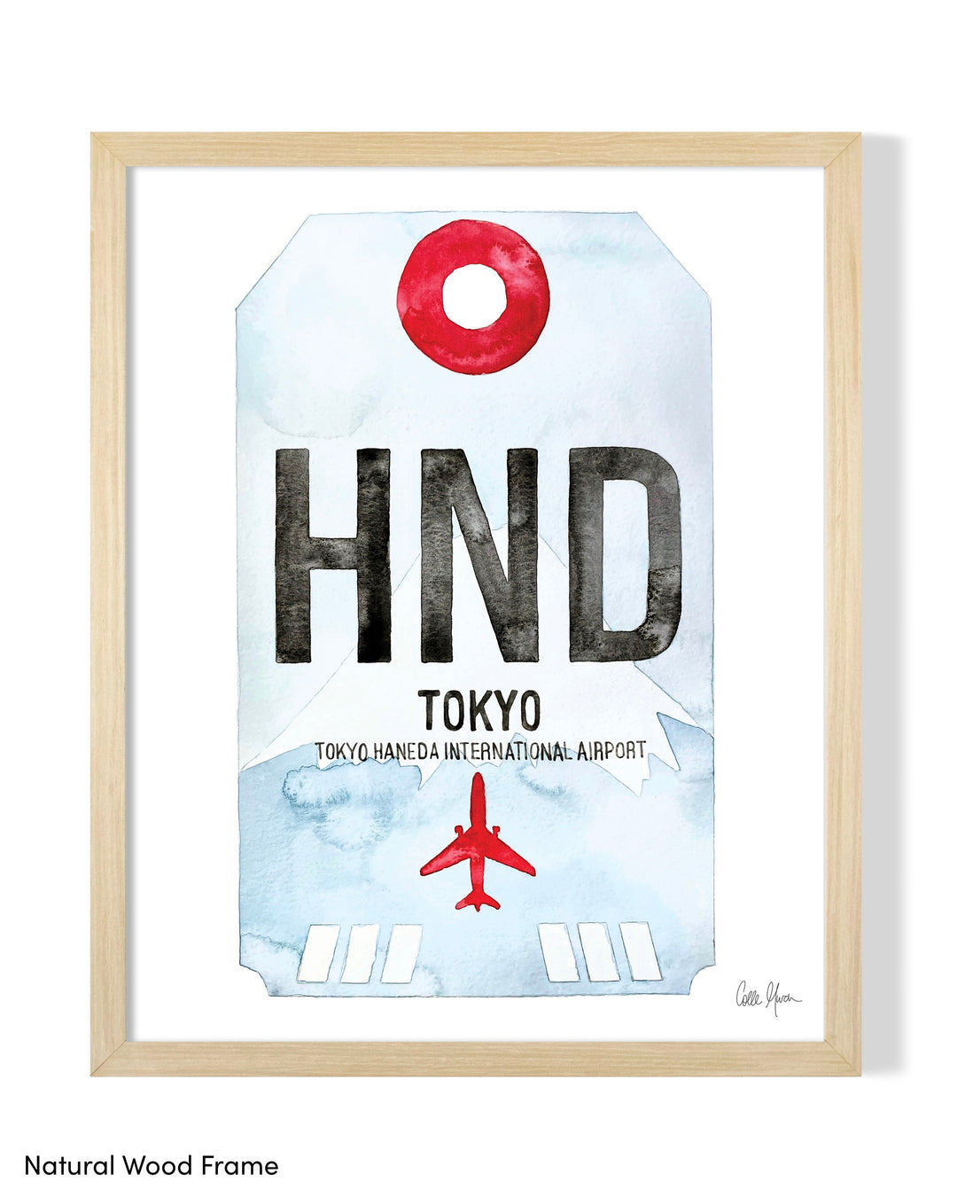 Framed Watercolor Print of Toyko Haneda International Airport (HND) with a Natural Wood Frame