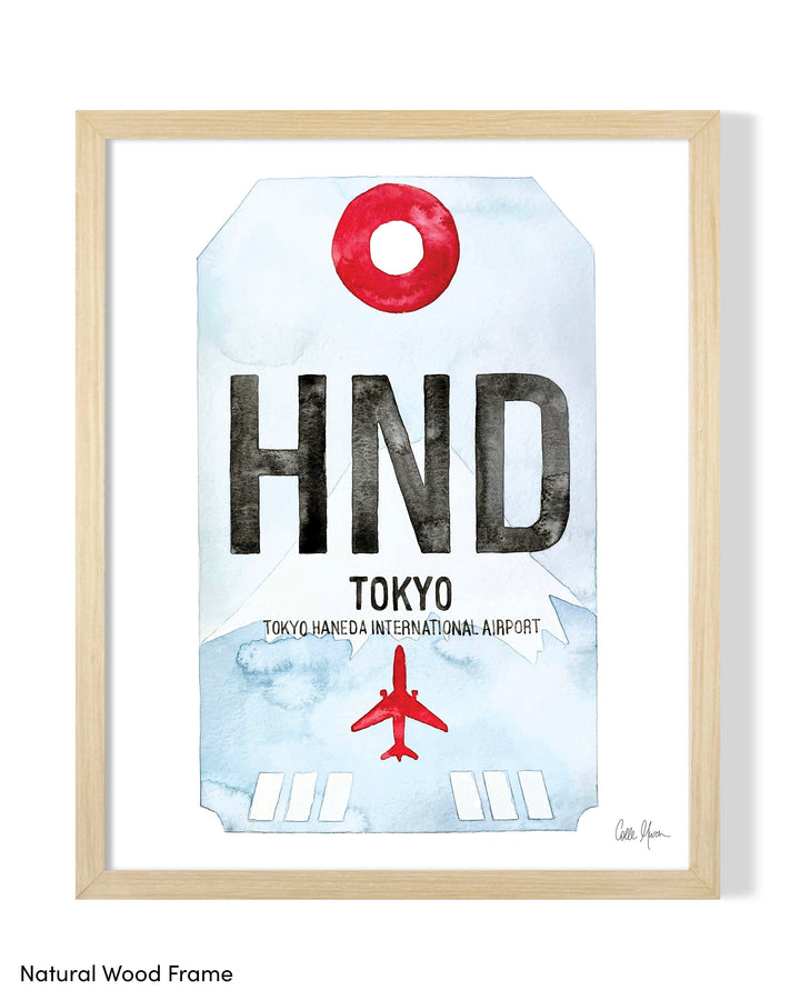 Framed Watercolor Print of Toyko Haneda International Airport (HND) with a Natural Wood Frame