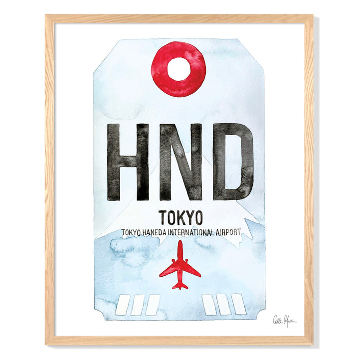 Framed Watercolor Print of Toyko Haneda International Airport (HND) with an Oak Frame