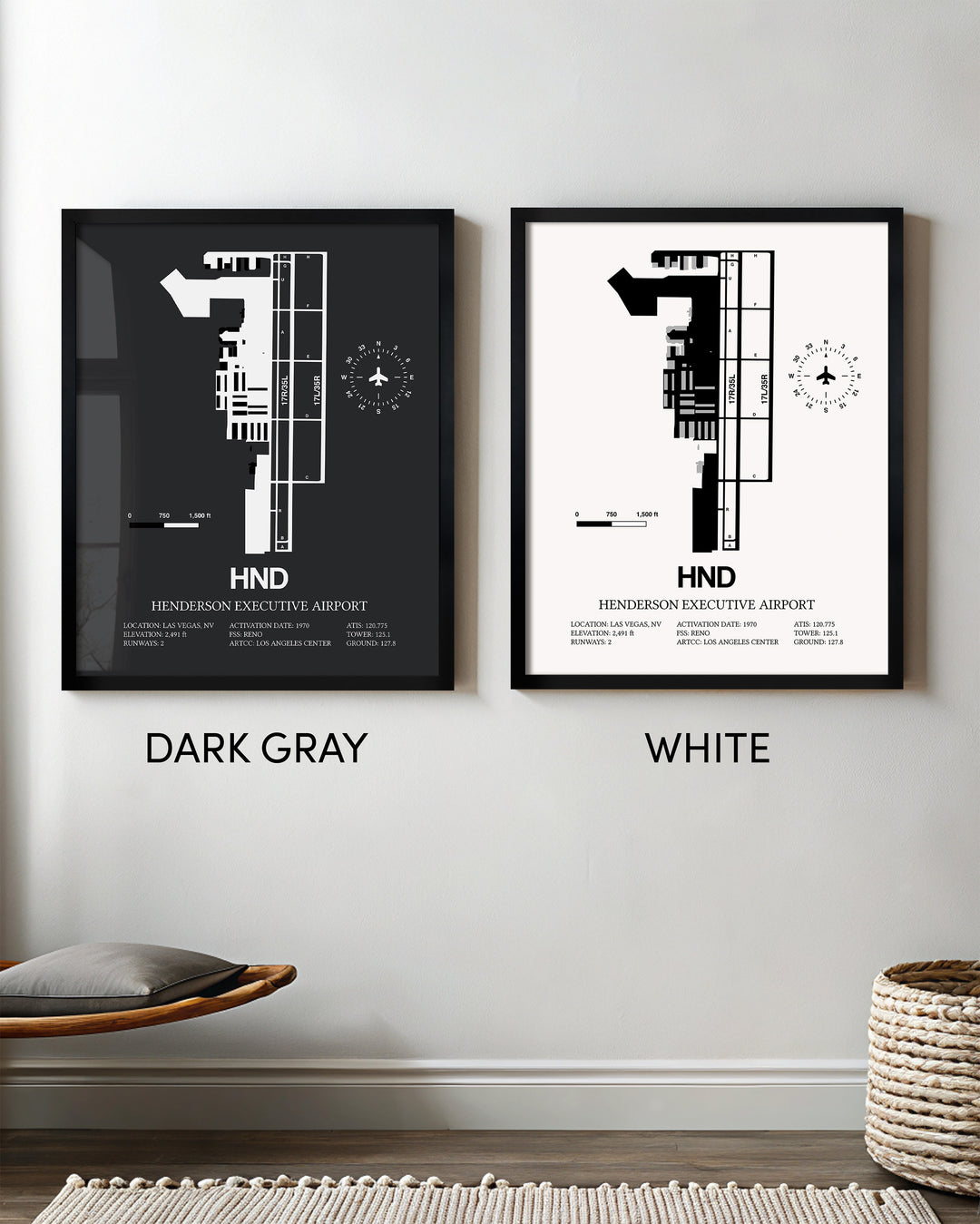Framed Detailed Airport Map of Henderson Executive Airport (HND) in White and Gray