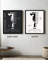 Framed Detailed Airport Map of Henderson Executive Airport (HND) in White and Gray