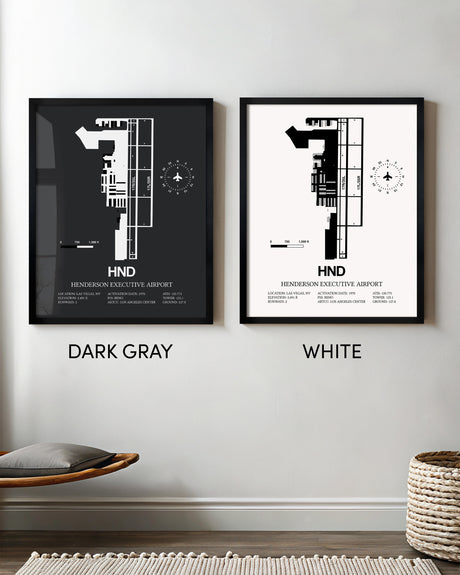 Framed Detailed Airport Map of Henderson Executive Airport (HND) in White and Gray