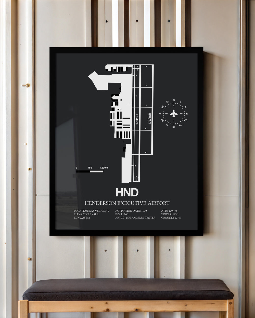 Framed Detailed Airport Map of Henderson Executive Airport (HND) in Gray with a Black Frame