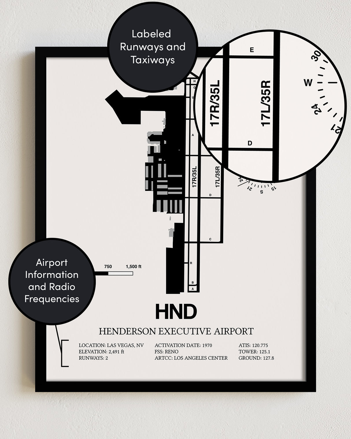 Framed Detailed Airport Map of Henderson Executive Airport (HND) in White with a Black Frame