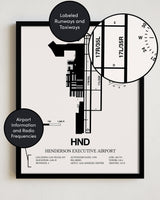 Framed Detailed Airport Map of Henderson Executive Airport (HND) in White with a Black Frame
