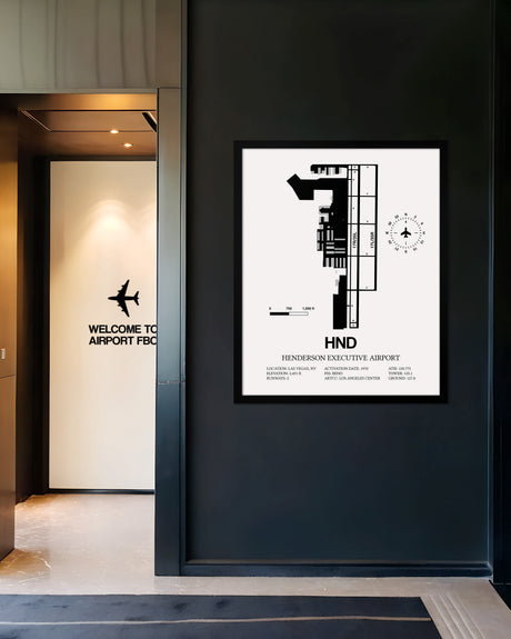 Framed Detailed Airport Map of Henderson Executive Airport (HND) in White with a Black Frame