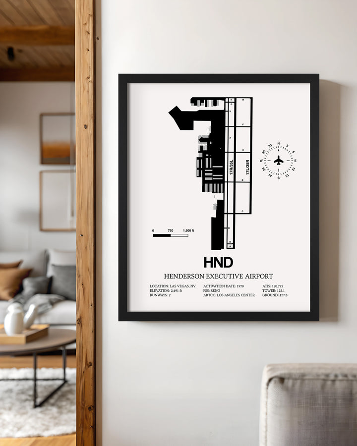 Framed Detailed Airport Map of Henderson Executive Airport (HND) in White with a Black Frame