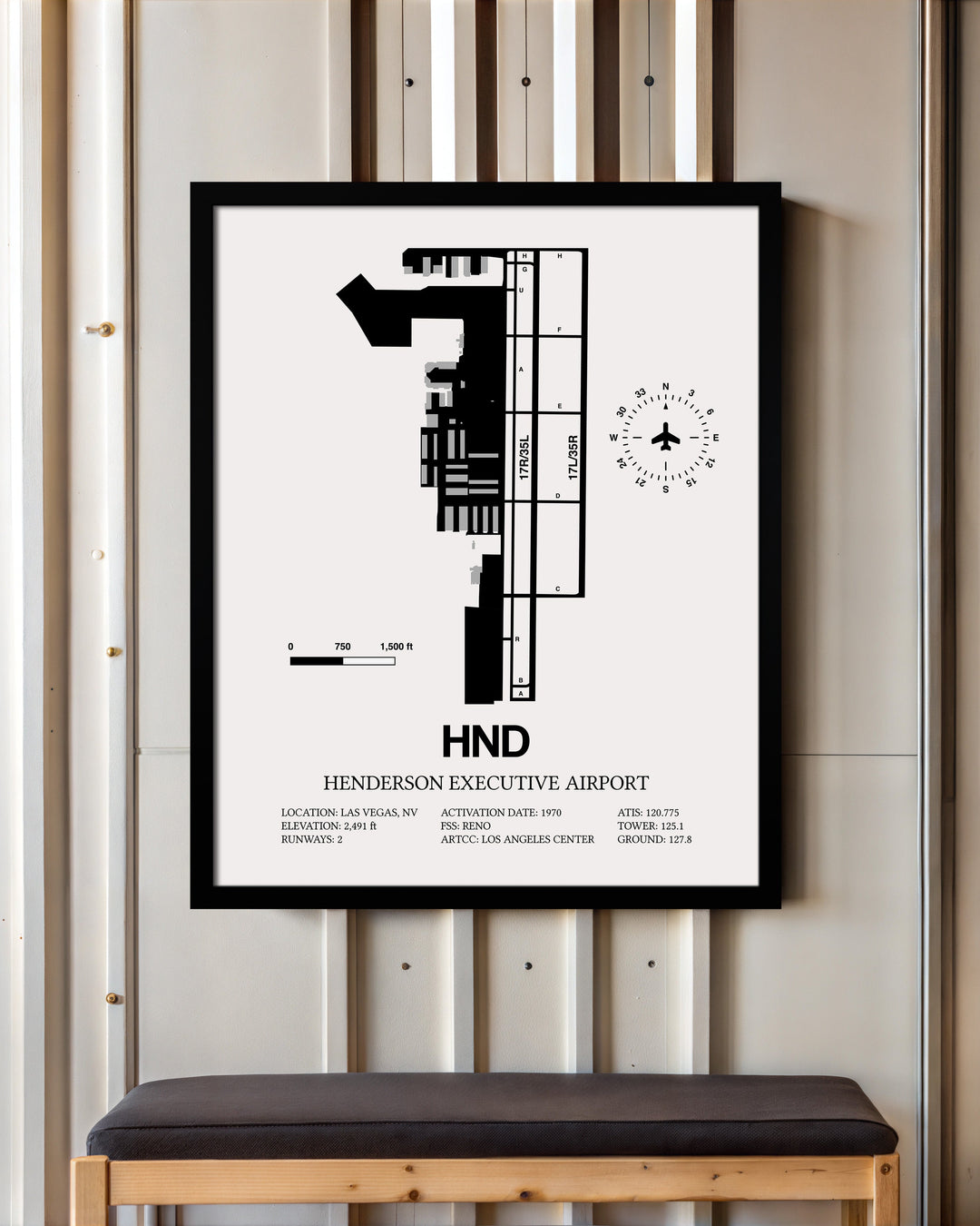 Framed Detailed Airport Map of Henderson Executive Airport (HND) in White with a Black Frame
