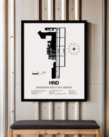Framed Detailed Airport Map of Henderson Executive Airport (HND) in White with a Black Frame