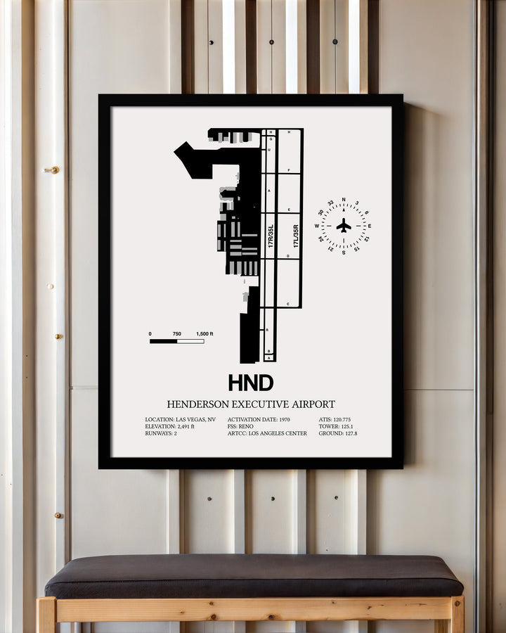Framed Detailed Airport Map of Henderson Executive Airport (HND) in White with a Black Frame
