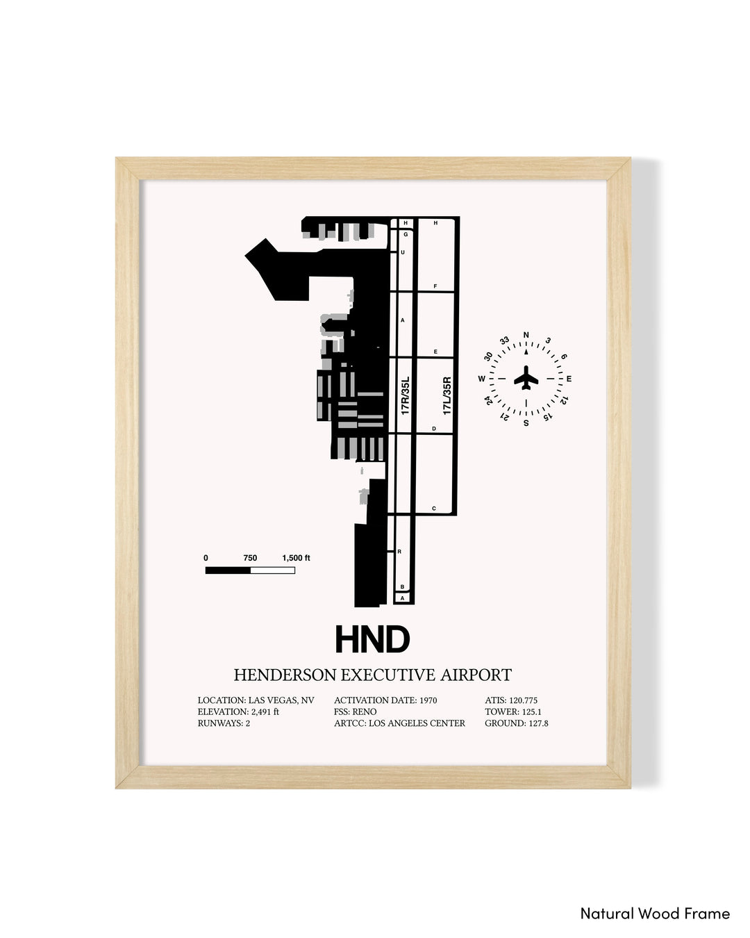 Detailed Airport Map of Henderson Executive Airport (HND) in White with a Natural Frame