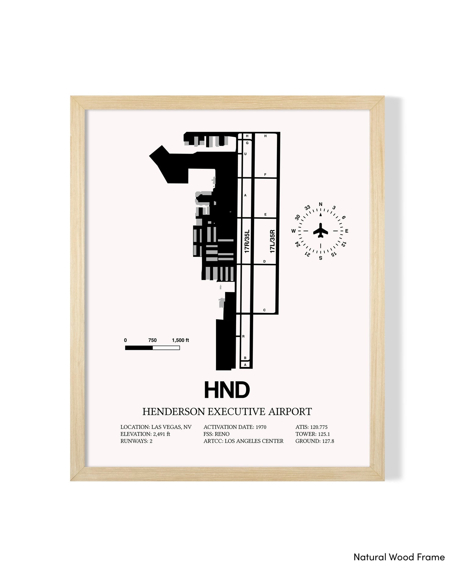 Detailed Airport Map of Henderson Executive Airport (HND) in White with a Natural Frame