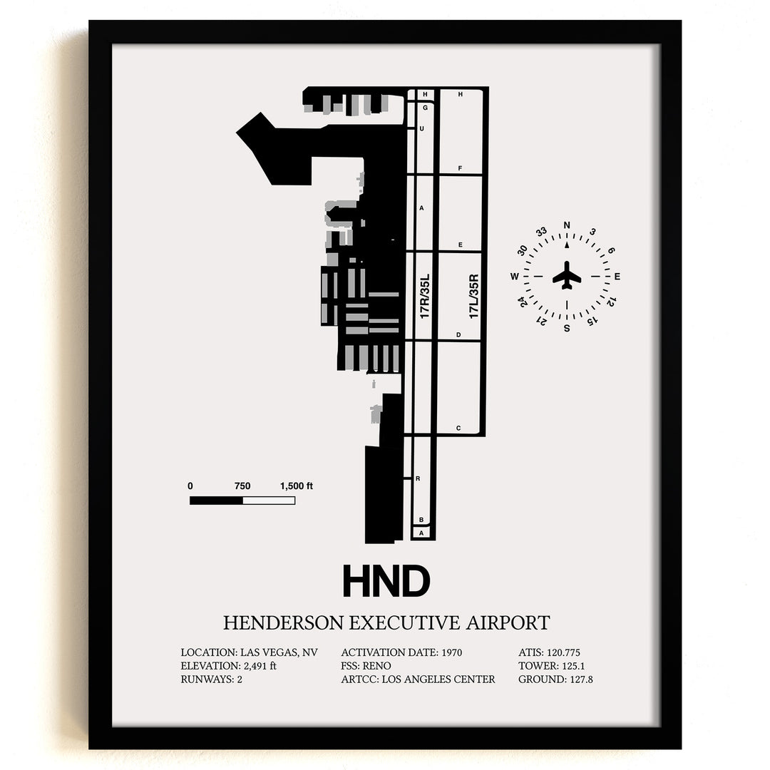 Framed Detailed Airport Map of Henderson Executive Airport (HND) in White with a Black Frame